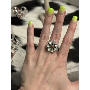 Native American Sterling Silver Mother Pearl Red Coral Cluster Flower Ring Adj